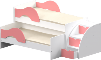 Кровать детская Матрешка выкатная с лестницей  Белый/Розовый в Шушенском - shushenskoe.mebel54.com | фото