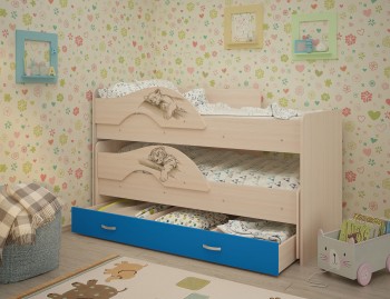 Кровать выкатная Радуга-Сафари детская 1600 Млечный дуб/Голубой в Шушенском - shushenskoe.mebel54.com | фото